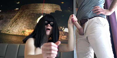 Horny brunette Otta Koi dreams about two big dicks! Sucking two cocks, fucking dildo, huge cumshot