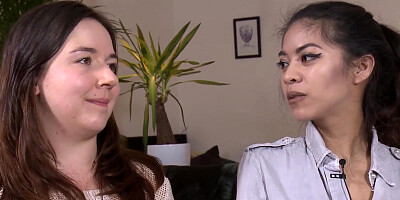 Two brunette lesbians teens are having fun inside the house