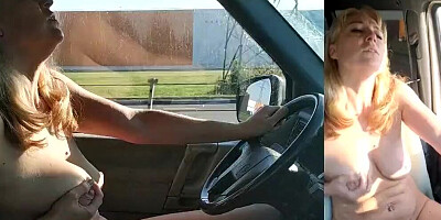 Blonde MILF gets horny driving the car and plays with herself