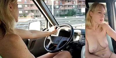 Blonde MILF gets horny driving the car and plays with herself