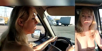 Blonde MILF gets horny driving the car and plays with herself