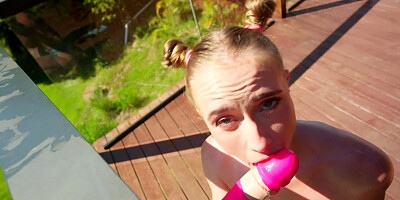 Scarlet Chase sucks a big dildo and drills ass with it