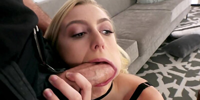 Slender blonde hottie sucks a big cock and masturbates