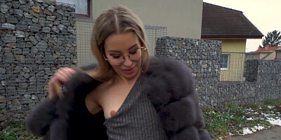 Blonde in stockings drilled by stranger for cash