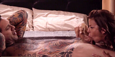 Tattooed guy has sex with friend's busty stepmom