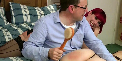 Redhead and blonde in black lingerie are getting spanked by a nerdy man