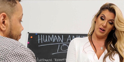 Buxom blonde teacher maintains the focus of young stud by banging him