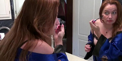 Chubby MILF poses on the stairs and plays with her wet cunt