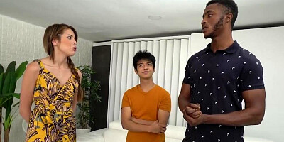 Cute brunette doll is getting fucked by two African dudes in 3some