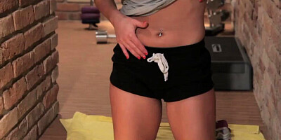 DANEJONES - Stunning Canadian brunette plays with her shaved pussy in the gym