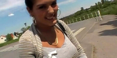 Hot brunette sucks a truck driver's cock in a parking lot