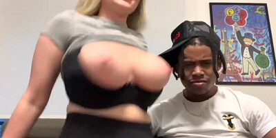Busty Canadian aria six sits on lil d teaser