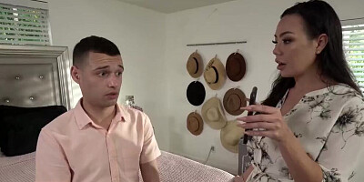Slutty MILF pulls out stepson's morning wood to play with it
