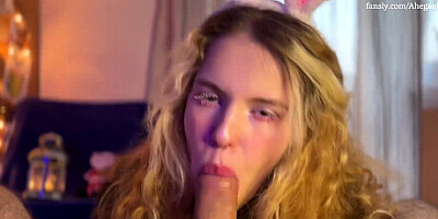 The Christmas Bunny came to drink strawberry milk, and swallowed a mouthful of cum!