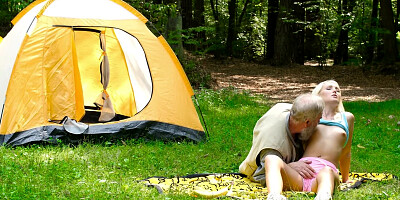 Sexy blonde lost in forest gets fucked by a creepy old man