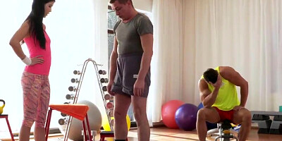 Fitness Rooms Spit roast threesome fucking and facial for hot teen