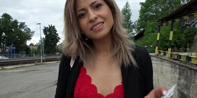 Public Agent - Brunette with dark brown eyes devours a big cock down her throat and pussy