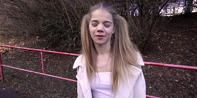 Teen girl with pigtails is treating a stranger with a POV blowjob in public