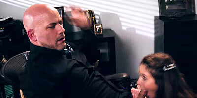 Perverted dad has his stepdaughter on her knees giving him a blowjob