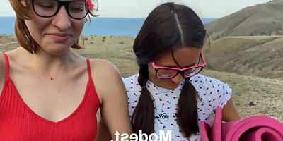 Two nerdy babes and two hikers are having 4some sex in nature