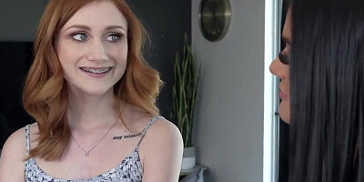 Brunette and redhead fucking with a lucky dude in this 3way