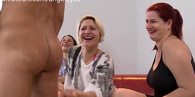 3 busty German porn sluts check out a young wannabe porn stud. Featuring amazing big tit MILF Angel Eyes