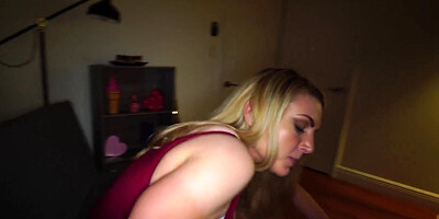 Blonde MILF pulls thong aside to receive that hard cock