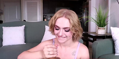 Delectable stepsister uses hands and sex toy to make the cock cum