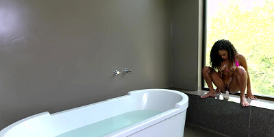 Curly-haired Ebony gal copulates with white stepbro in bathroom