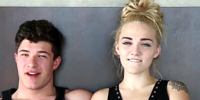 Petite blonde girl is treating the college dude's dick with blowing before sex