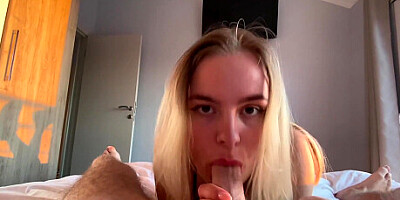 Fucked blonde in mouth and pussy after jogging. Filled her face with cum