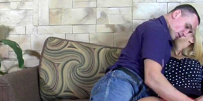Kinky man and depraved cougar are having copulation on the couch