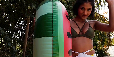 Ebony sweetheart Angel Constance treats you with a slow striptease in nature