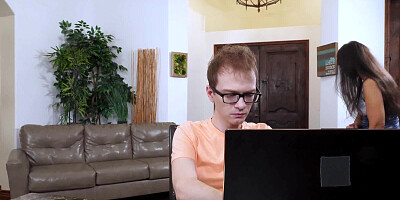 Nerdy guy is shafting the neighbor's juicy twat in the presence of stepmom