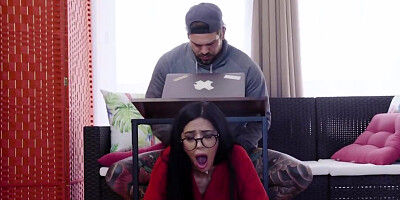 Slim brunette blackmailed into anal sex with inked stepson