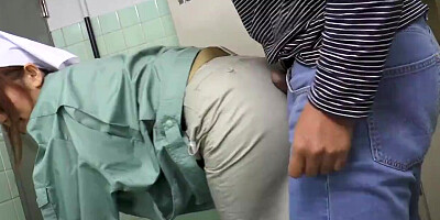 Slutty Asian cleaner blows a guy in the public toilet
