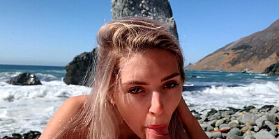 Russian teen girl swallows hot cum on Californian public beach - Eva Elfie