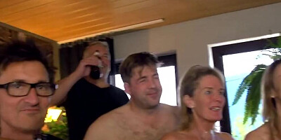 Two slutty MILFs are gangbanged by a bunch of horny guys