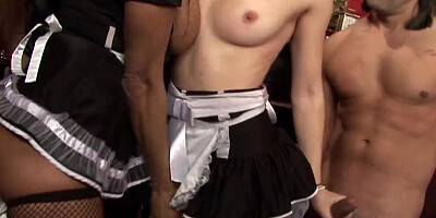 Two horny maids get their pussies banged together