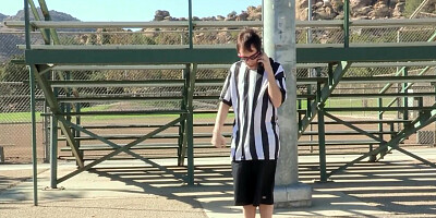 Lucky referee feeds a gorgeous brunette cheerleader his hot cum