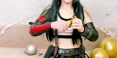 Tifa Lockhart from Final Fantasy talks dirty, blows balloons and pops them with her strong hands