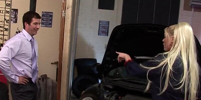 Blonde MILF ties up a guy at the car shop and uses his big