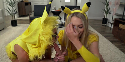 Two teen girls are dressed as Pokemon characters for a threesome banging