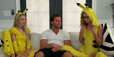 Two teen girls are dressed as Pokemon characters for a threesome banging