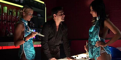 Two amazing waitresses fucking with a guy in the club
