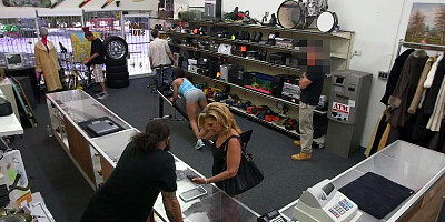 Woman pawns pussy to sell gym equipment to the pawnshop owner athis office
