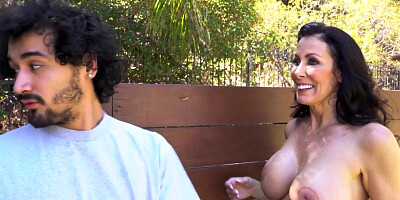 Young lad pussy fucking a busty MILF neighbor struggling with her yard work