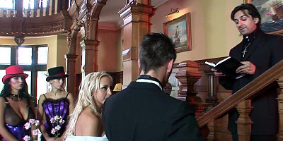 Pastor and groom initiate group sex with the nasty milfs who are begging for DP and anal