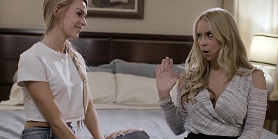 Two blondes are having lesbian makeout and sex in front of a perverted guy