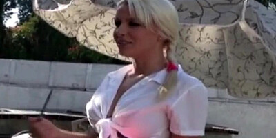 Blonde girl sucks a big dick and gets fucked to the balls